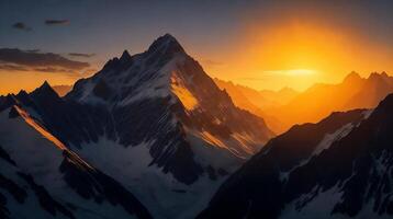 hermosa puesta de sol en el montañas. panorama de el Cáucaso montañas. ai generativo foto