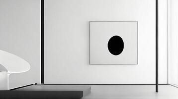 Minimalistic living room interior with white walls, concrete floor, black sofa and round coffee table. 3d rendering mock up AI Generative photo