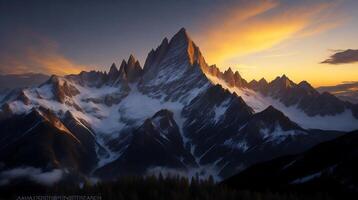 hermosa puesta de sol en el montañas. panorama de el Cáucaso montañas. ai generativo foto