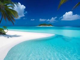 tropical beach in Maldives with palm trees and boat 3d render photo