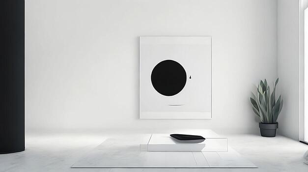 Minimalistic living room interior with white walls, concrete floor, black sofa and round coffee table. 3d rendering mock up photo