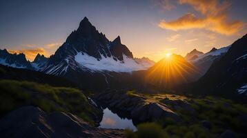 Beautiful Sunset in the mountains. Panorama of the Caucasus Mountains. AI Generative photo