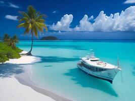 tropical beach in Maldives with palm trees and boat 3d render photo