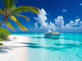 tropical beach in Maldives with palm trees and boat 3d render AI Generative photo