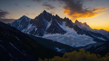 hermosa puesta de sol en el montañas. panorama de el Cáucaso montañas. ai generativo foto