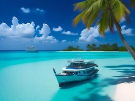 tropical beach in Maldives with palm trees and boat 3d render photo