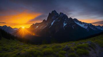 hermosa puesta de sol en el montañas. panorama de el montañas ai generativo foto