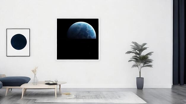 Minimalistic living room interior with white walls, concrete floor, black sofa and round coffee table. 3d rendering mock up photo