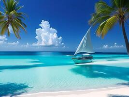 tropical beach in Maldives with palm trees and boat 3d render photo
