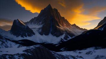 hermosa puesta de sol en el montañas. panorama de el Cáucaso montañas. ai generativo foto