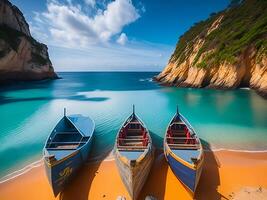 Fishing boats on the beach at sunset. Colorful summer seascape. photo