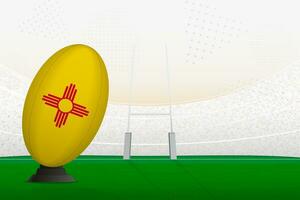 New Mexico national team rugby ball on rugby stadium and goal posts, preparing for a penalty or free kick. vector