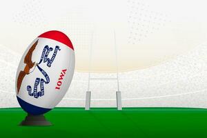 Iowa national team rugby ball on rugby stadium and goal posts, preparing for a penalty or free kick. vector