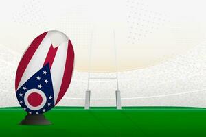 Ohio national team rugby ball on rugby stadium and goal posts, preparing for a penalty or free kick. vector