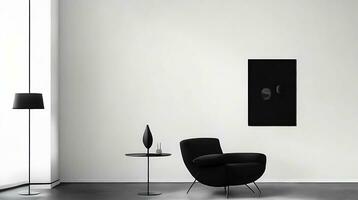 Minimalistic living room interior with white walls, concrete floor, black sofa and round coffee table. 3d rendering mock up AI Generative photo