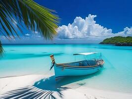 tropical beach in Maldives with palm trees and boat 3d render AI Generative photo