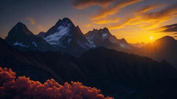 hermosa puesta de sol en el montañas. panorama de el Cáucaso montañas. ai generativo foto