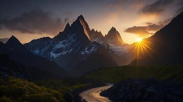 hermosa puesta de sol en el montañas. panorama de el Cáucaso montañas. ai generativo foto