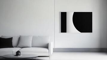 minimalista vivo habitación interior con blanco paredes, hormigón piso, negro sofá y redondo café mesa. 3d representación burlarse de arriba ai generativo foto