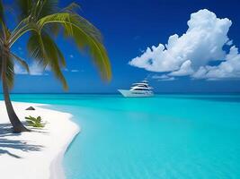 tropical beach in Maldives with palm trees and boat 3d render AI Generative photo