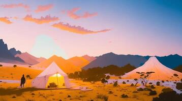 Camping in the mountains at sunset. photo