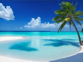tropical beach in Maldives with palm trees and boat 3d render photo