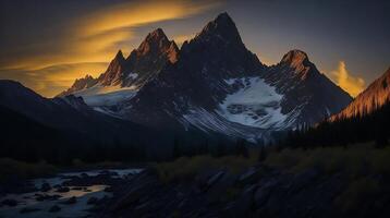 hermosa puesta de sol en el montañas. panorama de el Cáucaso montañas. ai generativo foto