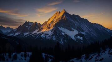 hermosa puesta de sol en el montañas. panorama de el Cáucaso montañas. ai generativo foto