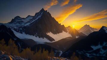 hermosa puesta de sol en el montañas. panorama de el montañas ai generativo foto