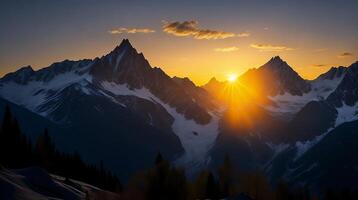 hermosa puesta de sol en el montañas. panorama de el Cáucaso montañas. ai generativo foto