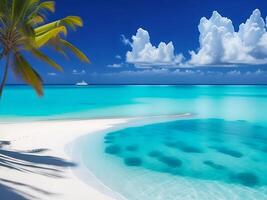 tropical beach in Maldives with palm trees and boat 3d render photo