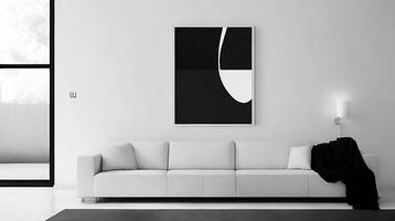 Minimalistic living room interior with white walls, concrete floor, black sofa and round coffee table. 3d rendering mock up photo