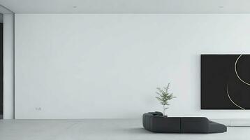 minimalista vivo habitación interior con blanco paredes, hormigón piso, negro sofá y redondo café mesa. 3d representación burlarse de arriba ai generativo foto