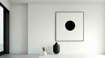 Minimalistic living room interior with white walls, concrete floor, black sofa and round coffee table. 3d rendering mock up AI Generative photo