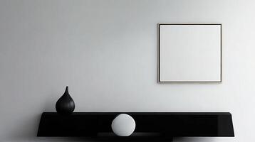 Minimalistic living room interior with white walls, concrete floor, black sofa and round coffee table. 3d rendering mock up photo