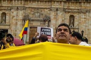 Bogota, Colombia, 16 August 2023. March asking for Gustavo Petro impeachment. Peaceful protest march in Bogota Colombia against the government of Gustavo Petro called La Marcha de la Mayoria. photo