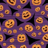 Seamless pattern with different Halloween pumpkins on dark background. For gifts, fabrics, textile, background. Fabric print design. Vector illustration