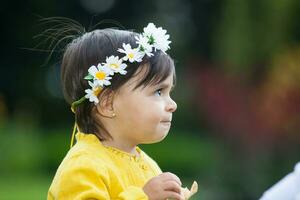 Sweet year and a half baby girl at the garden in a beautiful sunny day photo