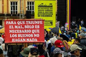 Bogota, Colombia, 16 August 2023. March asking for Gustavo Petro impeachment. Peaceful protest march in Bogota Colombia against the government of Gustavo Petro called La Marcha de la Mayoria. photo