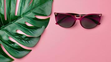 Tropical leaves Monstera with sunglasses on pink background. Empty space flat lay. Creative minimal summer concept. Ai Generative photo
