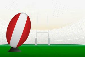 Austria national team rugby ball on rugby stadium and goal posts, preparing for a penalty or free kick. vector