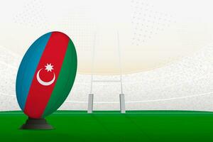 Azerbaijan national team rugby ball on rugby stadium and goal posts, preparing for a penalty or free kick. vector