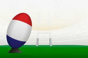 France national team rugby ball on rugby stadium and goal posts, preparing for a penalty or free kick. vector