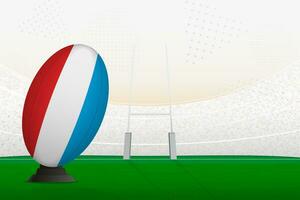 Luxembourg national team rugby ball on rugby stadium and goal posts, preparing for a penalty or free kick. vector