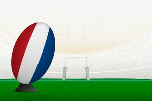 Países Bajos nacional equipo rugby pelota en rugby estadio y objetivo publicaciones, preparando para un multa o gratis patada. vector