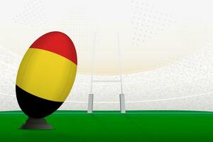 Belgium national team rugby ball on rugby stadium and goal posts, preparing for a penalty or free kick. vector