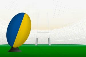 Ukraine national team rugby ball on rugby stadium and goal posts, preparing for a penalty or free kick. vector