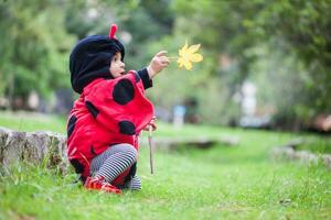 pequeño bebé niña vistiendo un mariquita traje. Víspera de Todos los Santos concepto foto