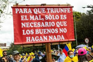 Bogota, Colombia, 16 August 2023. March asking for Gustavo Petro impeachment. Peaceful protest march in Bogota Colombia against the government of Gustavo Petro called La Marcha de la Mayoria. photo