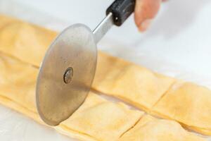 Ravioli Preparation. Cutting the stuffed ravioli strips photo